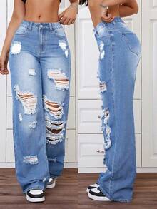 Teen Girls' Fashionable Wide Leg Washed Distressed Denim Jeans - Light Wash - View 5