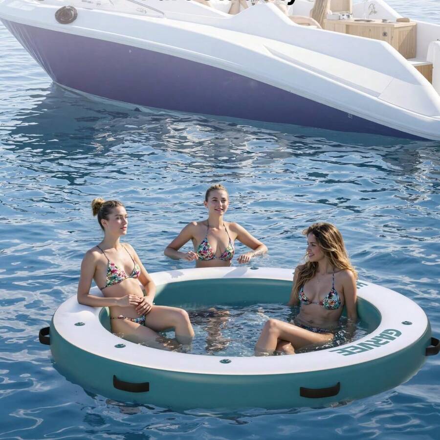 Heavy Duty Inflatable Floating Dock With Central Hammock – 8ft Round PVC Water Platform For 4-6 Adults – Non-Slip Surface, Sunchill Float Ring & Tanning Pool Included – Perfect For Lake, Pool, Family Gatherings - 圓形浮動 - 查看 1