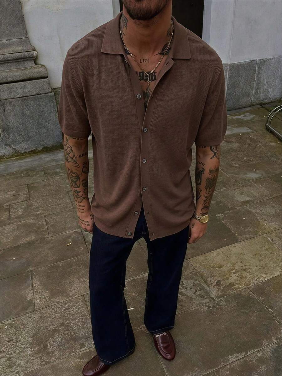 Men's Summer Casual Short Sleeve Knit Cardigan, Comfortable Basic Everyday Top, Suitable For Home, Outdoor, Beach Vacation, Perfect Gift For Husband