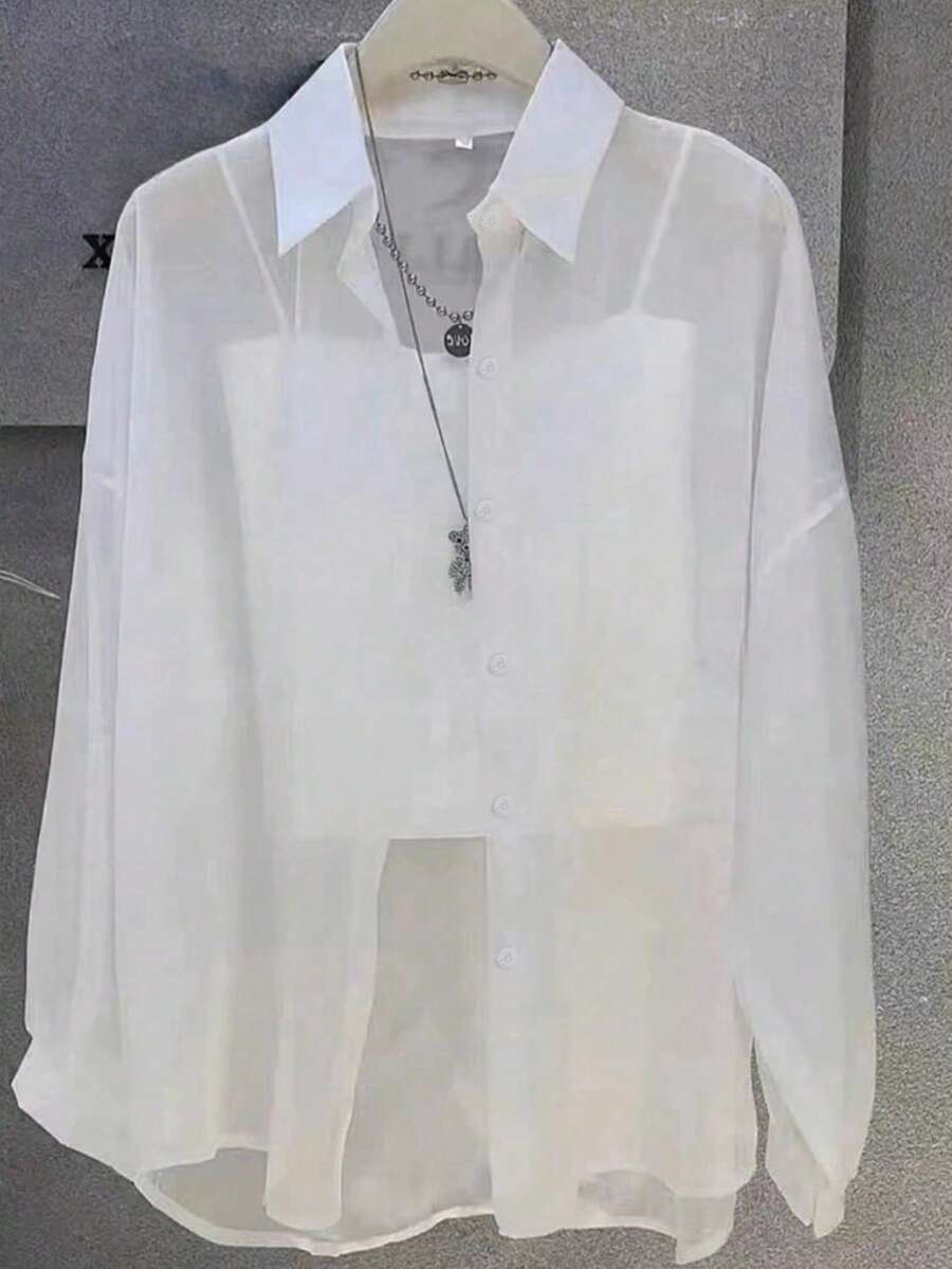 女士纯色前扣休闲卷袖衬衫,轻薄雪纺长袖上衣,轻盈透气面料,优雅设计,适合办公室/派对穿着,春夏白色 - 白色 - 查看 1