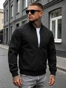 1pc Outdoor Sports Casual Stand Collar Baseball Jacket, Solid Color Zipper Jacket, Regular Fit Black - Black - View 3