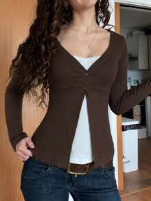 Women's Autumn Lace Patchwork Contrast Color 2-In-1 Long Sleeve T-Shirt, Slim Fit A-Line Top, Y2K Street Style, Elegant Basic Casual Top, Sweet Style - Brown - View 3