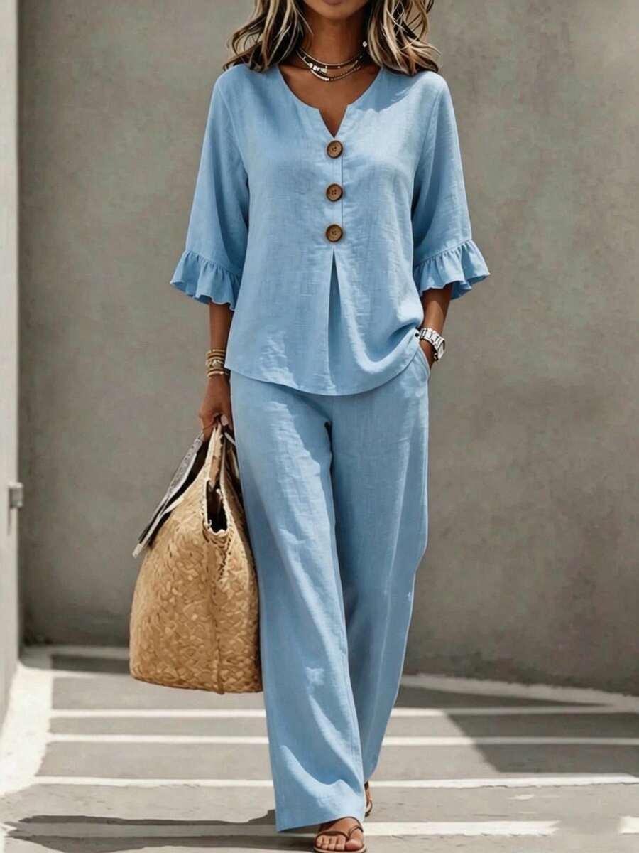 2026 Women's New Casual Set: V-Neck Hemmed Lace-Trimmed Seven-Sleeve Top And Long Pants - Two-Piece Set - Light Blue - View 1