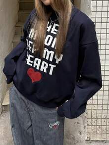 Women's Crew Neck Sweatshirt, New Autumn/Winter Heart Pattern And Letter Print, Casual Versatile Loose Fit Top, Fashionable Daily Wear - Navy Blue - View 2