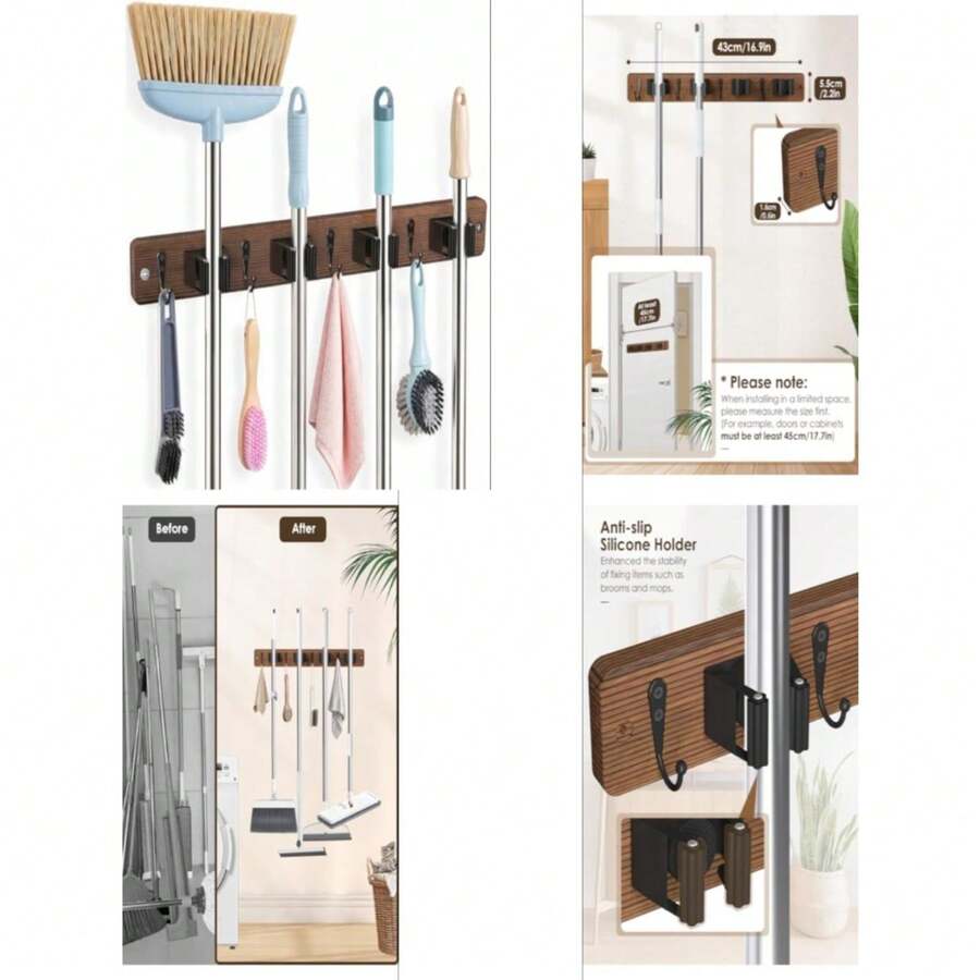 Broom Holder Wall Mount, 4 Holders 4 Hooks Mop And Broom Organizer Mop Holder Wall Mount And Broom Hanger For Garage, Laundry Room, Kitchen And Utility Storage - Brown - View 1