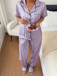 Dreamivo Women's Striped Print Bow Short Sleeve Long Pants Pajama Set Homewear - Multicolor - View 7