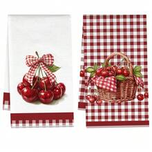 2件組紅色格紋蝴蝶結櫻桃圖案超細纖維廚房抹布，40*60cm/15.7*23.6in，單面印花，適用於餐廳廚房浴室裝飾的洗碗布，節日禮物 - 彩色 - 查看 11