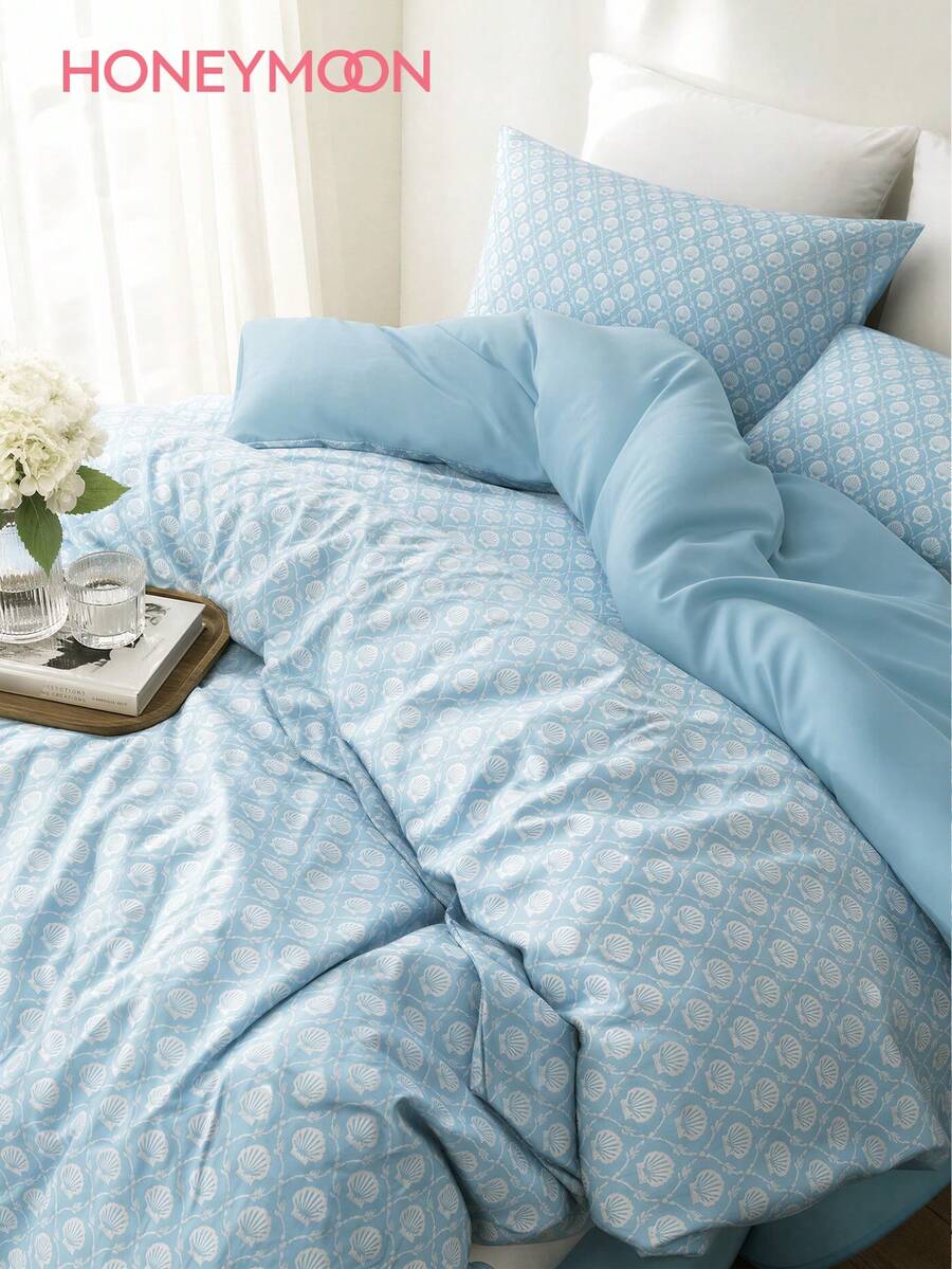 HONEYMOON 2/3pcs Blue Shell Print Duvet Cover Set (1 Duvet Cover + 1/2 Pillowcases), Button Closure, No Duvet Insert, Suitable For T F Q K All Sizes, Fashionable Decorative Bedding Essentials For Home And School Dorm, Machine Washable - Multicolor - View 1