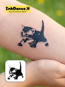 1 Set "Black Cat" New Technology Tattoo Stickers, Semi-Permanent, Cute Kitten, Temporary Tattoo, Realistic Design, Waterproof And Long-Lasting, Plant-Based Formula, InkDance, Ink Dance, Gift X100 - Black - View 2