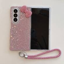 Casing Ponsel Lipat Pink Full Rhinestone 3D dengan Pita dan Tali Pergelangan Tangan Rhinestone, Cocok untuk Galaxy Z Fold3/Z Fold4/Z Fold5/Z Fold6/Z Fold7/8, Casing Pelindung Lipat Mewah dan Mengkilap untuk Perempuan. - Baby Pink - View 7