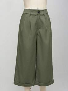 1pc Women's Fashion Versatile Solid Color Pocket Casual Wide Leg Capri Pants Office Daily Spring Summer - Army Green - View 3