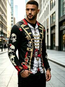 American Pirate Skull Print Men's Long Sleeve Crew Neck T-Shirt - Multicolor - View 4