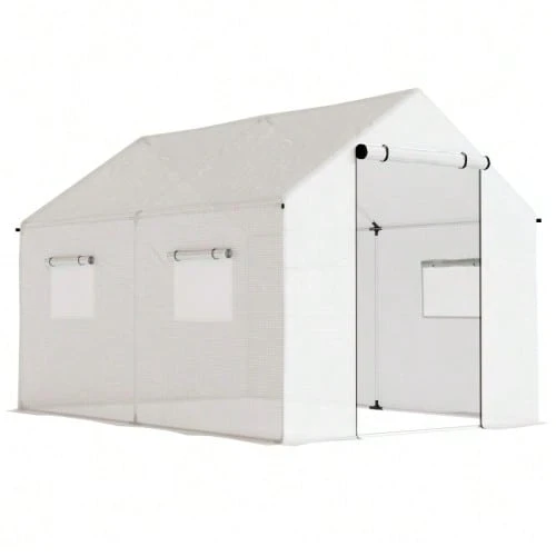 3 X 2 X 2 M Greenhouse, Plastic Film Greenhouse With 4 Mesh Windows, Wide Roll-Up Zipper Door, Insect Screen, UV Resistant - White - View 1