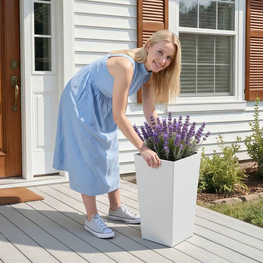 Tall Planters Set Of 2, 22 Inch Large Outdoor Taper Planters For Outdoor Indoor Plants, Front Porch Plastic Modern Flower Pots With Inner Pot For Patio, Garden, White - White, 22" - View 1