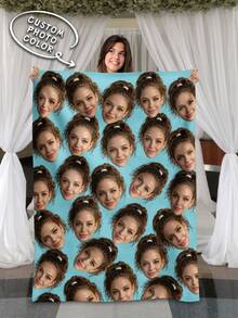 1pc Customized Face Pattern Blanket, Multi-Purpose Living Room Sofa Outdoor Beach Camping Pet Blanket, Personalized Home/Pet/Couple Bed Blanket, Personalized Christmas Gift, Birthday Gift, Gift For Friends/Son/Daughter - Multicolor - View 1