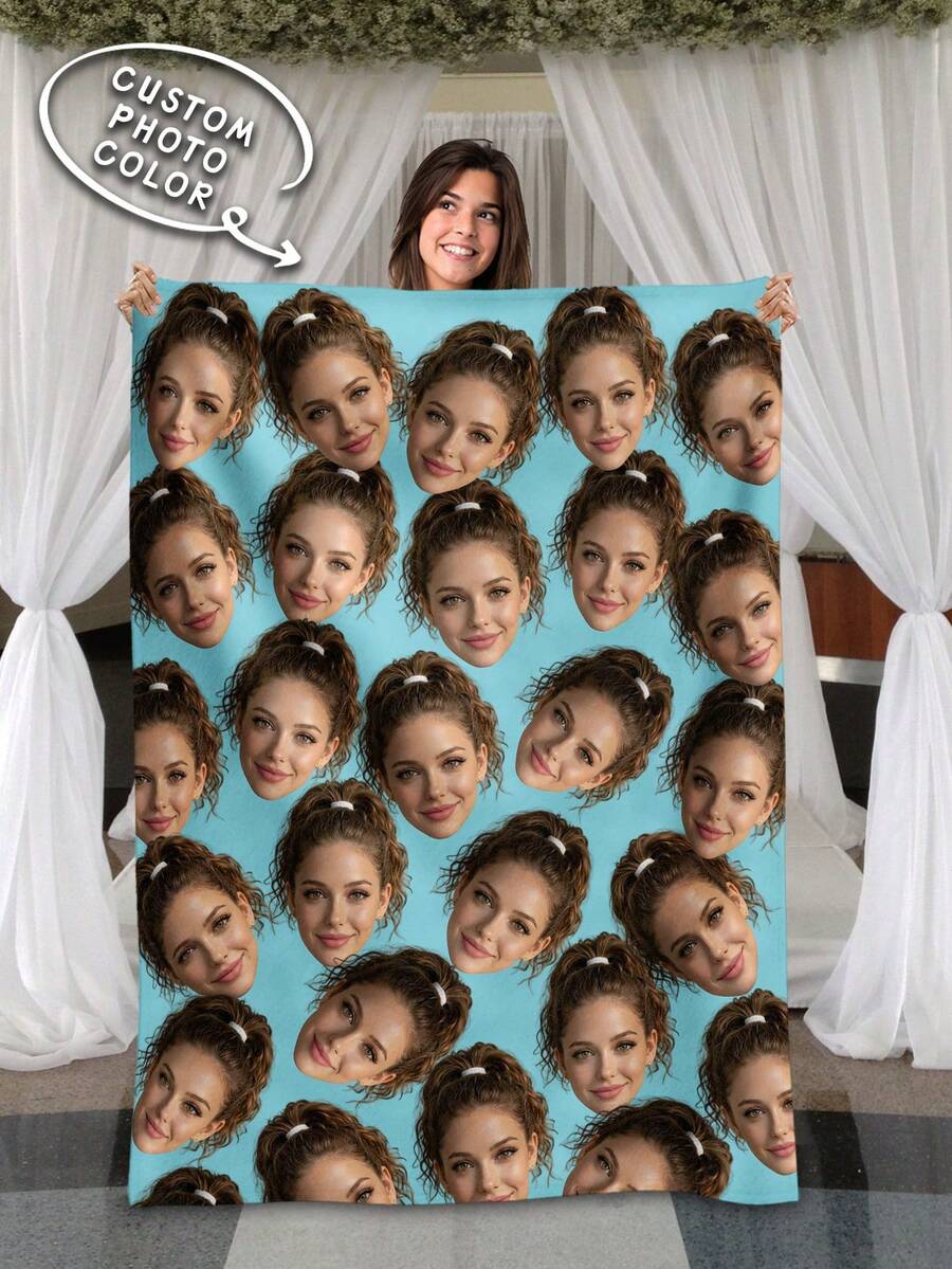 1pc Customized Face Pattern Blanket, Multi-Purpose Living Room Sofa Outdoor Beach Camping Pet Blanket, Personalized Home/Pet/Couple Bed Blanket, Personalized Christmas Gift, Birthday Gift, Gift For Friends/Son/Daughter - Multicolor - View 1