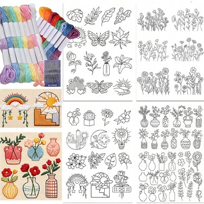 Stabilisateur de broderie soluble dans l'eau, convient pour les travaux de couture et de tricot DIY, motifs pré-imprimés de couronne florale et de papillon, papier de broderie d'appliqué floral soluble dans l'eau, lavable