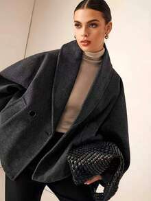 Women's Plus Size Shawl Collar Batwing Sleeve Jacket With Pockets, Warm Lining, Winter Fashion Choice - Dark Grey - View 5