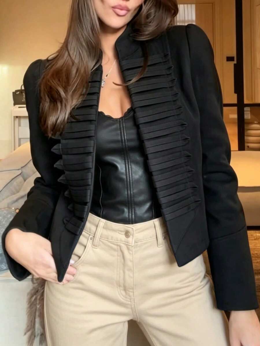 Women's Elegant Vintage Long Sleeve Stand Collar Open Front Jacket With Shoulder Pads, Solid Color, For Daily Wear And Dates - Black - View 1
