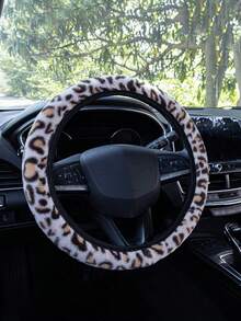 Plush Leopard Print Car Steering Wheel Cover, Winter Warm Universal Anti-Slip Car Interior Decor - Steering Wheel Cover - View 3