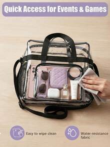 NEWHEY Large Capacity Transparent PVC Tote Bag, Waterproof Clear Handbag With Detachable Crossbody Strap And Side Mesh Pocket; Can Be Used As Travel Toiletry Bag, Suitable For Daily Outings - Black - View 2