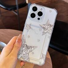 Transparent Card Slot Compatible With Apple Series Glitter Star Transparent Card Holder Phone Case, Four-Corner Anti-Drop Soft Shell, Can Insert Bank Card And ID Card, Luxury Style Girly Protective Cover - Clear - View 2