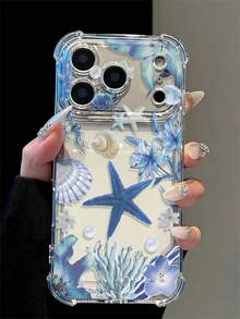 Ocean Blue Starfish Lily Shell Pattern Fresh Summer Transparent Four-Corner Shockproof Phone Case, Airbag Anti-Drop Soft Shell, Compatible With Apple 17 Pro Max/17 Pro/17/16 Pro Max/16 Pro/16/15 Pro Max/15 Pro/15 Plus/15/14 Pro Max/14 Plus/14/13 Pro Max/13 Pro/13 Mini/13/12 Pro Max/12 Pro/12 Mini/12/11/7/8 Beach Vacation Gift Summer Beach Girls Gift - Clear - View 1