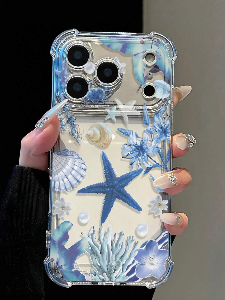 Ocean Blue Starfish Lily Shell Pattern Fresh Summer Transparent Four-Corner Shockproof Phone Case, Airbag Anti-Drop Soft Shell, Compatible With Apple 17 Pro Max/17 Pro/17/16 Pro Max/16 Pro/16/15 Pro Max/15 Pro/15 Plus/15/14 Pro Max/14 Plus/14/13 Pro Max/13 Pro/13 Mini/13/12 Pro Max/12 Pro/12 Mini/12/11/7/8 Beach Vacation Gift Summer Beach Girls Gift - Clear - View 1