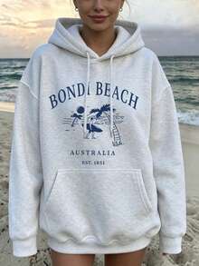 Plus Size Bondi Beach Coconut Tree & Surf Pattern Lightweight Pullover Hoodie, Loose Fit, Dropped Shoulder Design, With Pockets Casual Vacation - Light Grey - View 2