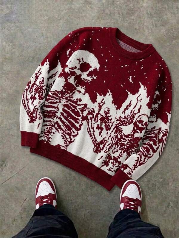 Boys Halloween Skeleton Skull Knit Pullover Sweater, Suitable For Holiday Spring Autumn Winter
