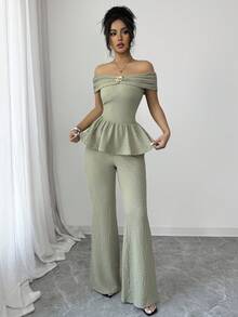 Solid Color Cute Party Metal Decor Off-Shoulder Casual Ruffle Top And Pants Loungewear Set - Bean Green - View 6