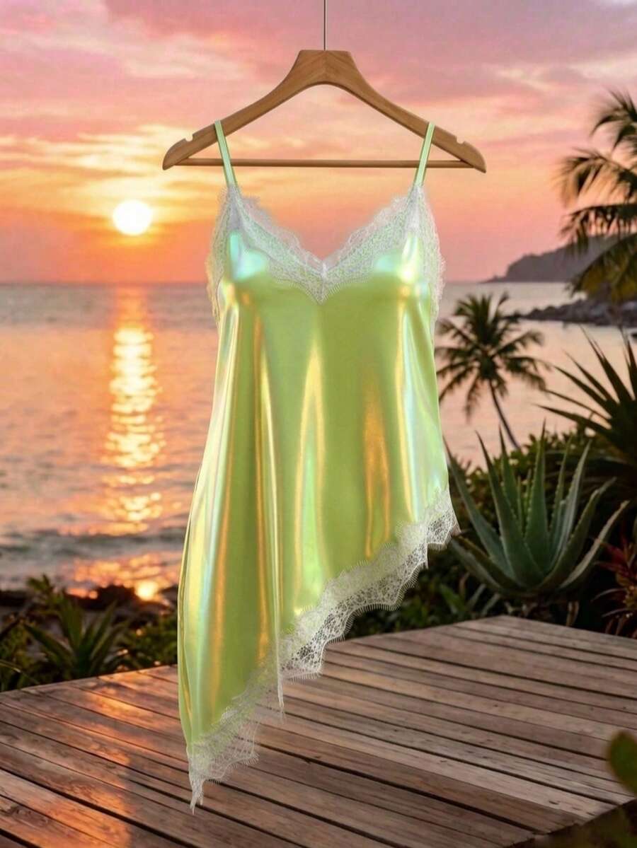 Women's Satin Elastic Spaghetti Strap Long Top, Slim Fit Design, Lace Trim, Asymmetrical Hem, Suitable For Multiple Occasions (YY1124) Casual Summer - Light Green - View 1