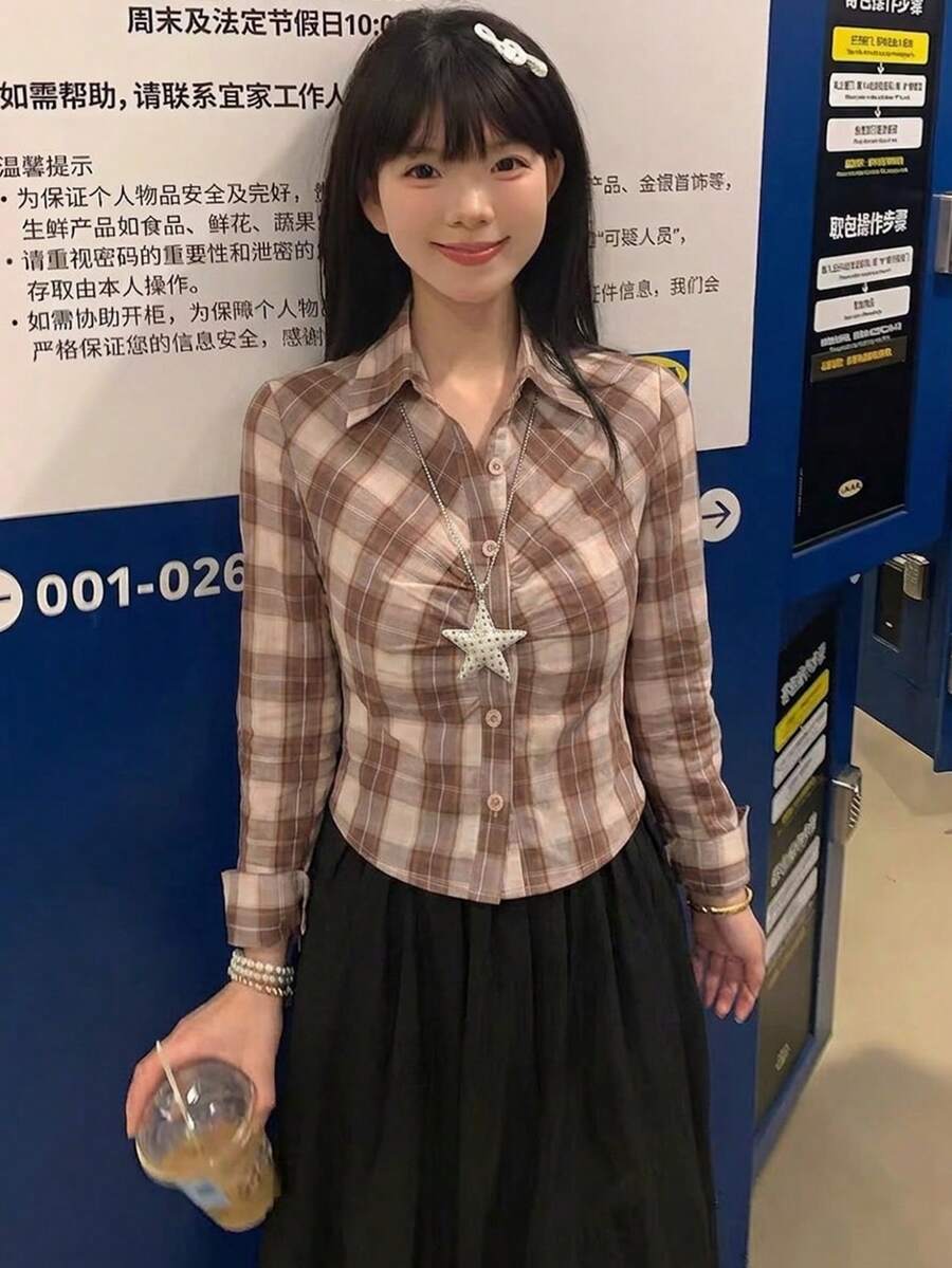 YCYC Korean Style Red Plaid Shirt Backless Tie-Up Slimming Vintage Hot Girl Long Sleeve Top - Multicolor - View 1
