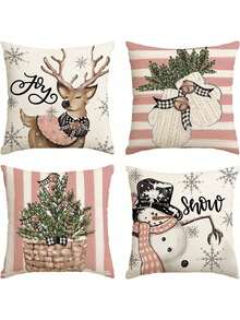 Set Of 4 Polyester Fabric Pillowcase With Deer Christmas Glove & Gentlemen Snowman Pattern Print, No Filling - Pink - View 7