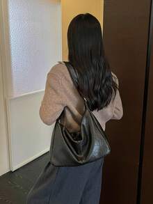 Dedoo 女款單肩包，純色皺褶PU材質，可調節肩帶，大容量，適用日常通勤購物、學校書包、大學校園 - 黑色 - 查看 5
