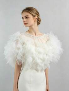 1pc Fluffy Petal Tulle Bridal Shawl, Off-Shoulder Mesh Cape, Wedding Photography Evening Dress Ruffle Short Shawl, Bridal Gown Decorative Accessory - A - View 1