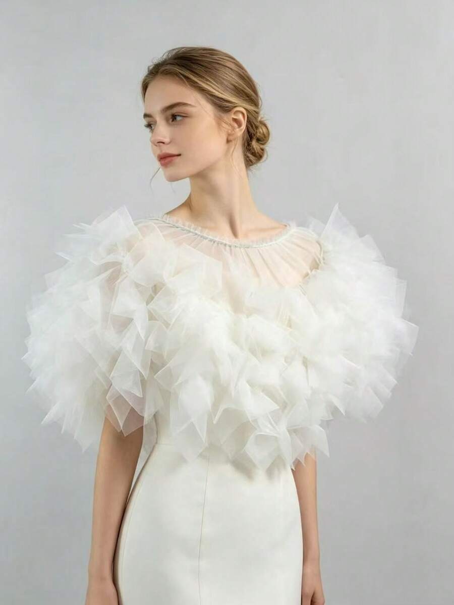 1pc Fluffy Petal Tulle Bridal Shawl, Off-Shoulder Mesh Cape, Wedding Photography Evening Dress Ruffle Short Shawl, Bridal Gown Decorative Accessory - A - View 1