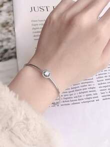 1pc S925 Sterling Silver Open Cuff Bracelet, Adjustable, Minimalist Thin Band Design, Fresh And Versatile, Suitable For Daily Commute And Date Looks - Silver - View 2