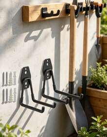 Heavy Duty Wall Mount Tool Hooks Black L-Shaped Iron Hangers 2 Pack With Complete Screws, Garage Garden Storage Rack For Shovel Broom Rake, Rustproof Strong Load Bearing, Wall Fence Universal Organizer - Large (4 Pieces, Including Nails) - View 4