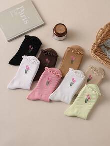 4/8 Pairs Sweet Style Tulip Floral Frill Trim Women's Mid-Calf Socks - Multicolor - View 7