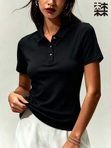 mulinsen 女款純色 Polo 領短袖襯衫，運動休閒日常夏季長袖上衣 - 深空黑 - 查看 1