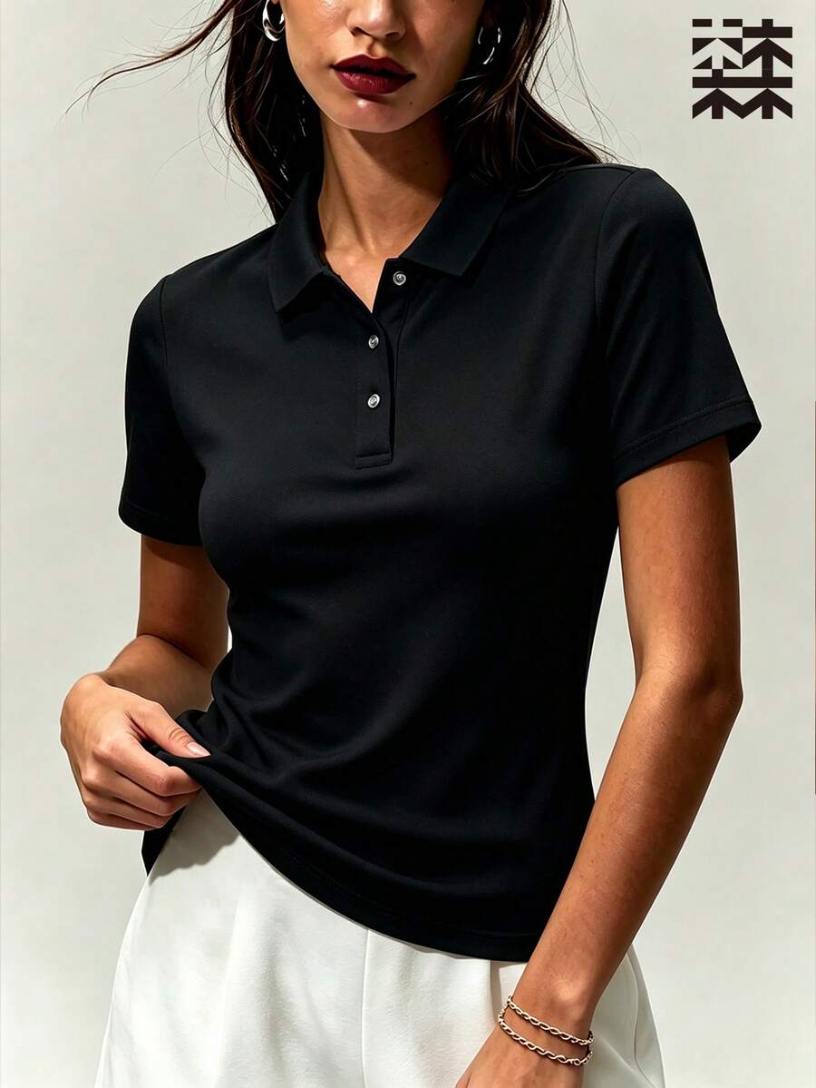 mulinsen 女款純色 Polo 領短袖襯衫,運動休閒日常夏季長袖上衣 - 深空黑 - 查看 1