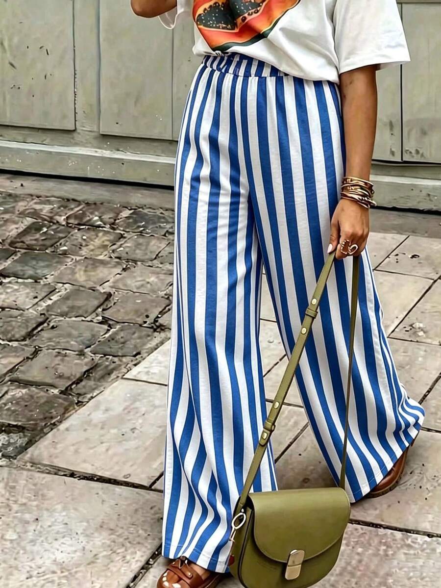Celana Panjang Wanita Kasual Bergaris Model Lurus Longgar, Cocok untuk Liburan Musim Panas dan Pemakaian Sehari-hari, Biru Musim Semi - Biru - View 1