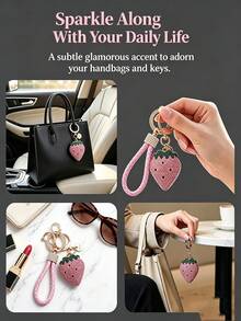 1pc Rhinestone Strawberry Keychain, Braided Strap Fruit Charm, Gold-Tone D-Ring Clasp Keyring, Cute Bling Kawaii Bag Pendant Accessory Gift For Women - Multicolor - View 5