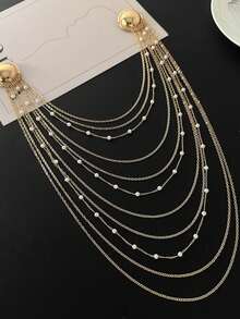 1pc Multi-Layer Tassel Chain Design Brooch, Exaggerated Geometric Pearl Chain Pendant - Gold - View 3