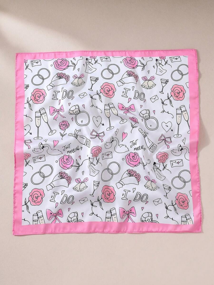1pc Women's Fashion Romantic Rose Ring Bow Wine Glass Wedding Print Pattern Scarf Square - Multi-Functional Romantic Wedding Print Pattern Scarf Headband Square, Polyester Material, Suitable For Daily Fashion Matching - Pink - View 1