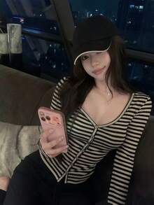 Minimalist Commute Lyocell V-Neck Striped Slim Fit Women's Top Black - Black - View 2