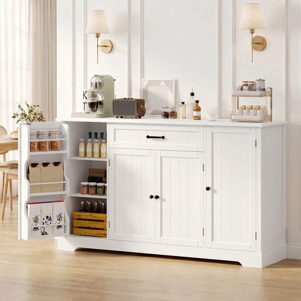 Bealife Credenza da cucina con ampio spazio contenitivo e cassetti, elegante e pratica, moderna per cucina e sala da pranzo, in bianco