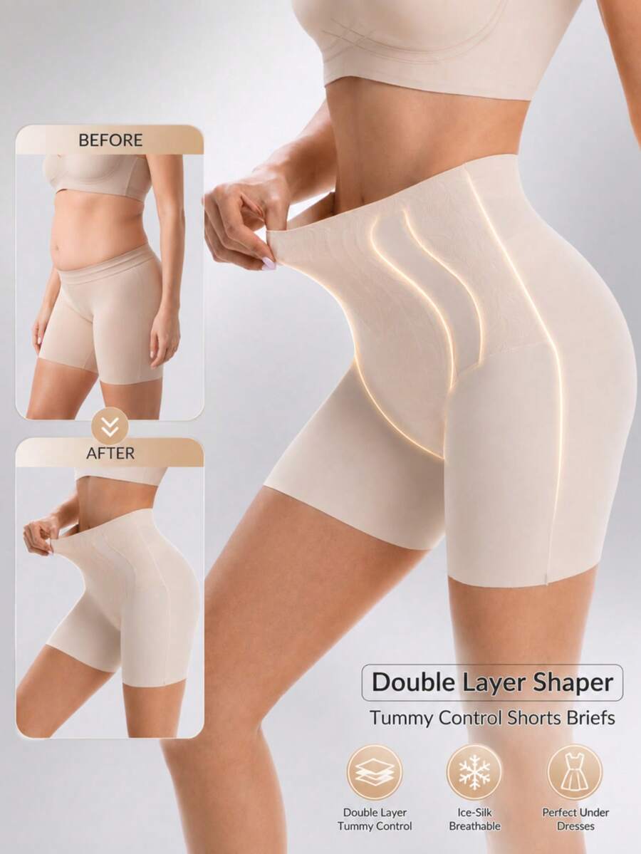 FLARIXA شورت نسائي بلون موحد بخصر عالي كاجوال يومي مشكل للجسم - لون مشمشي - مشاهدة 1