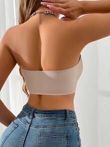 Áo ngực bandeau gân màu trơn cài móc trước, áo bandeau lệch vai, thiết kế cài móc trước, đệm ngực có thể tháo rời - Màu be - Xem 3